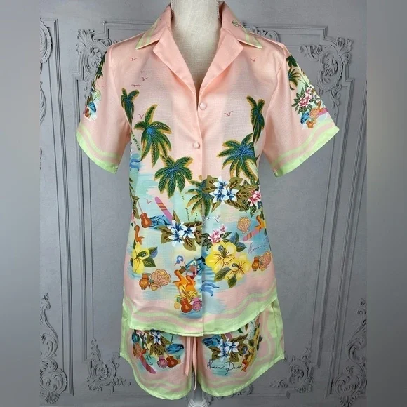 Cocomo Island Loose Fit Casual Shorts Set Single-Breasted Tropical Top - Picture 3 of 16